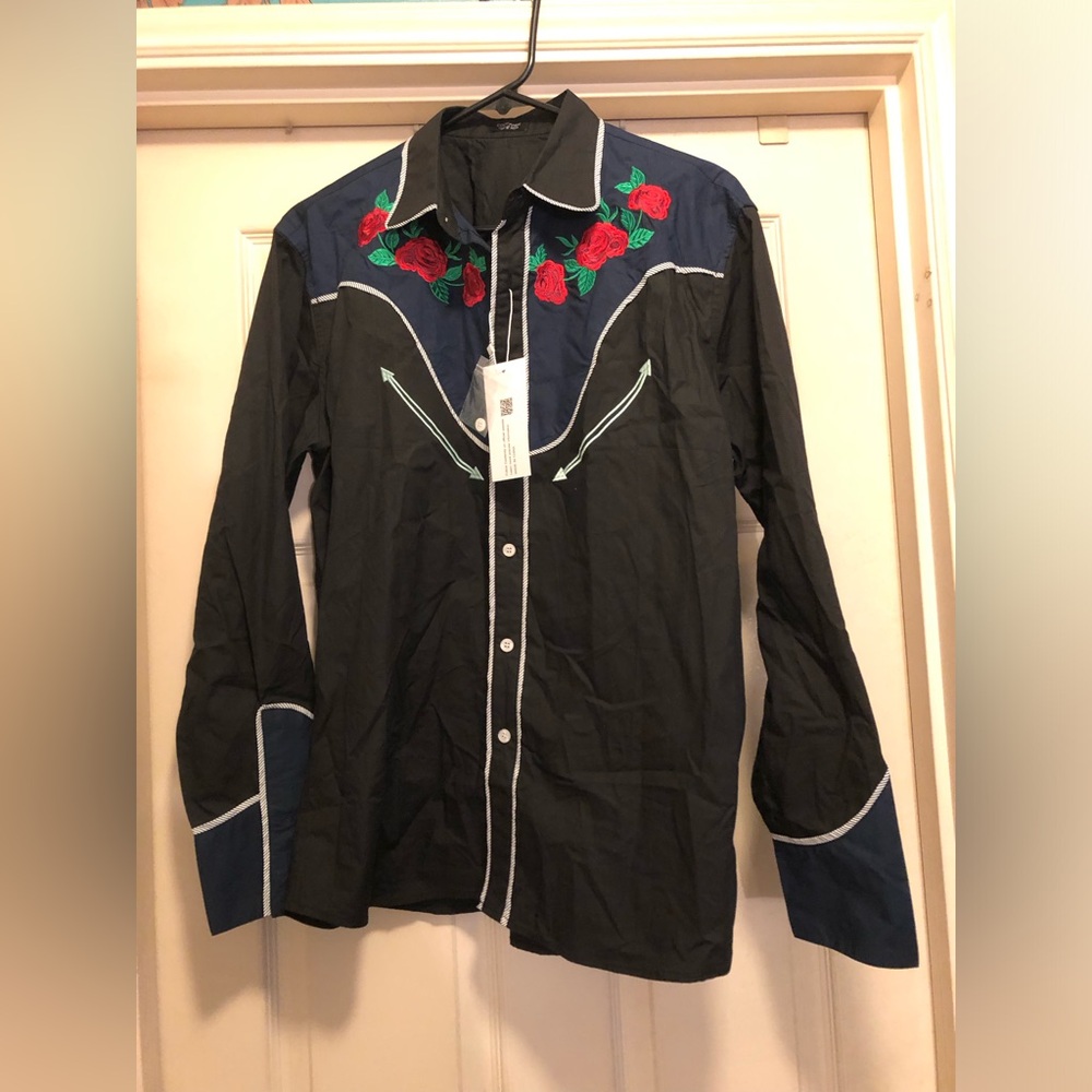 CooFandy Embroidered Floral Western Button Down Shirt